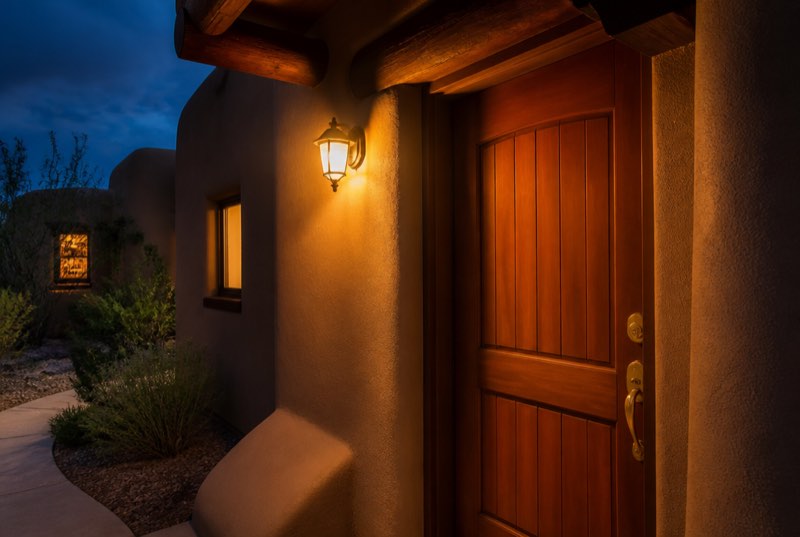 Warm porch light over a southwestern home's front door at dusk