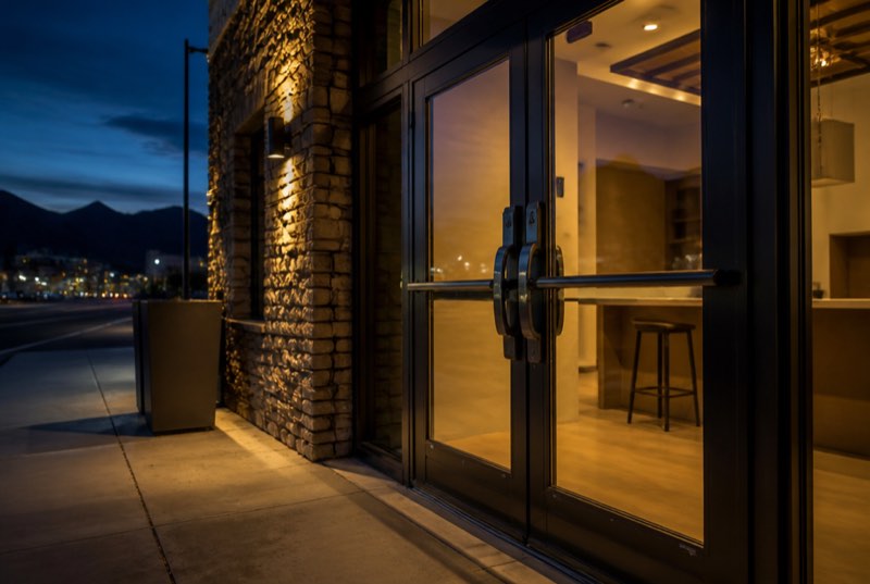 Commercial storefront door with heavy-duty lock at dusk